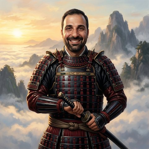 Fun AI-made picture, not a real photo: Ali Elhasan as a samurai in armor, holding a katana