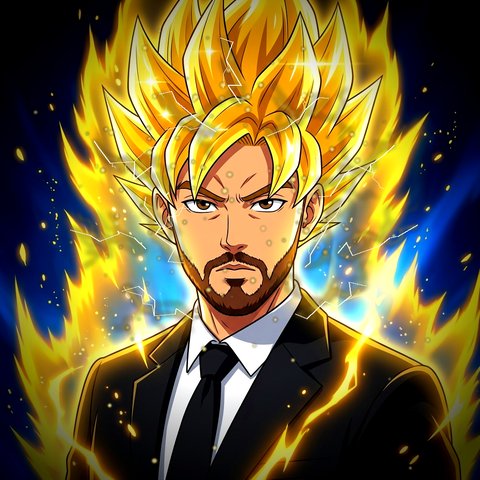 Fun AI-made picture, not a real photo: Hassan Khatib as an anime character going Super Saiyan, with glowing golden hair