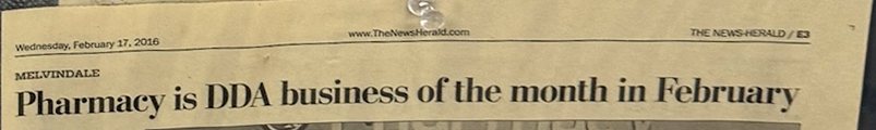 News-Herald clipping headline: Pharmacy is DDA business of the month in February, by Dave Herndon, February 17, 2016