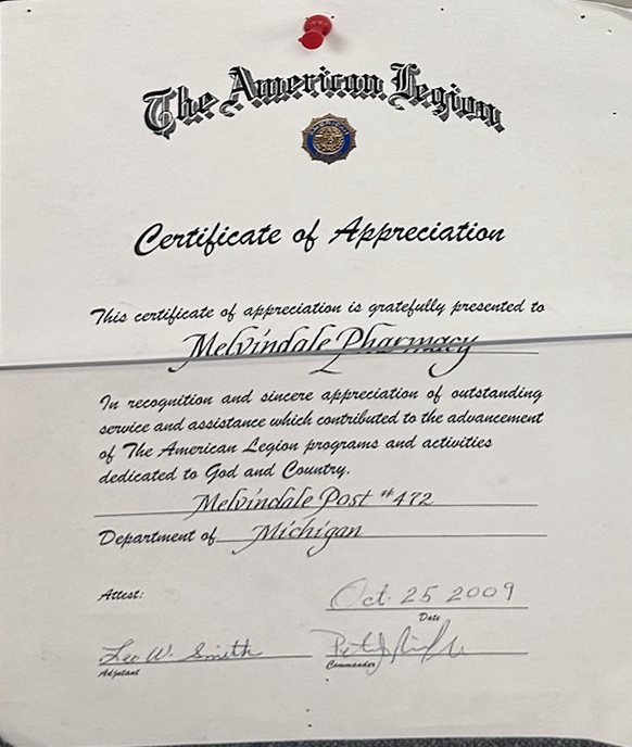 The American Legion Certificate of Appreciation to Melvindale Pharmacy, Melvindale Post 472, October 25, 2009