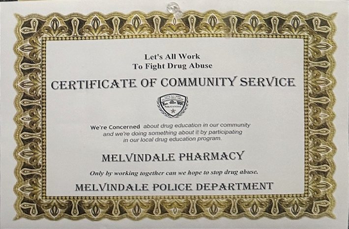 Melvindale Police Department Certificate of Community Service to Melvindale Pharmacy: Let's All Work To Fight Drug Abuse