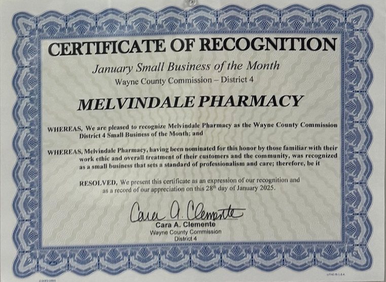 Wayne County Commission Certificate of Recognition: January Small Business of the Month, Melvindale Pharmacy, dated January 28, 2025
